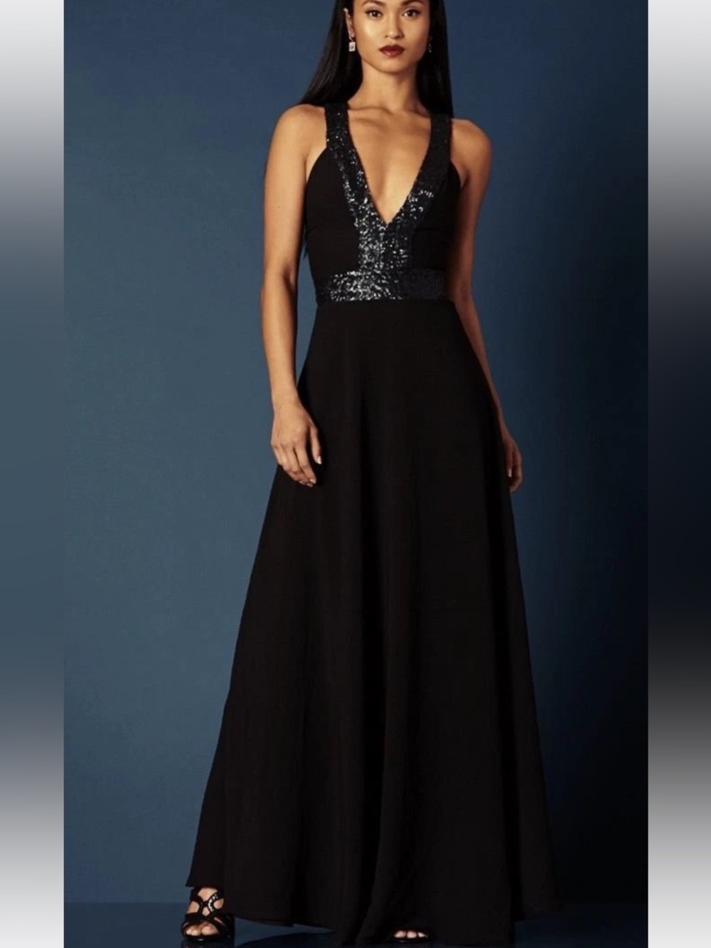 Dress the population Delaney crepe gown maxi black sequin medium